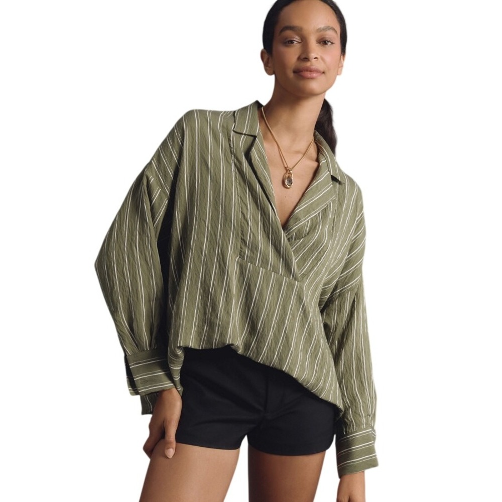 Anthropologie Dylon Long Sleeve Wide Placket Striped Top Size XL Green Striped